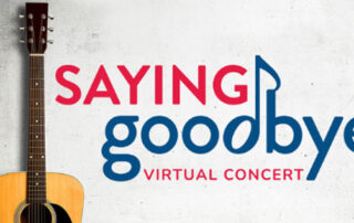 The Saying Goodbye Virtual concert logo beside a picture of a guitar.