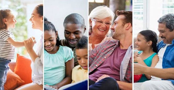 Four images side by side showing four different groups of people sitting together and smiling.