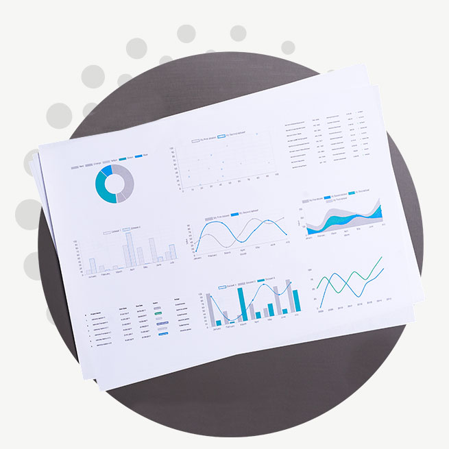 A grey circle with an icon of a piece of paper with nine graphs on it.