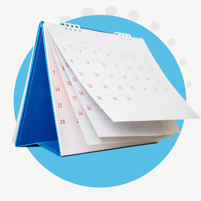 A flip calendar in a blue circle.