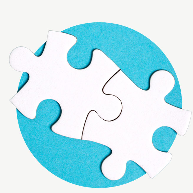 A bright blue circle with two white puzzle pieces in the centre.