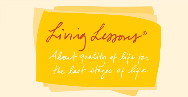 The Living Lessons logo on a yellow background with the words "About quality of life for the last stages of life" written underneath it.